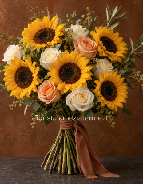 Bouquet di girasoli e rose