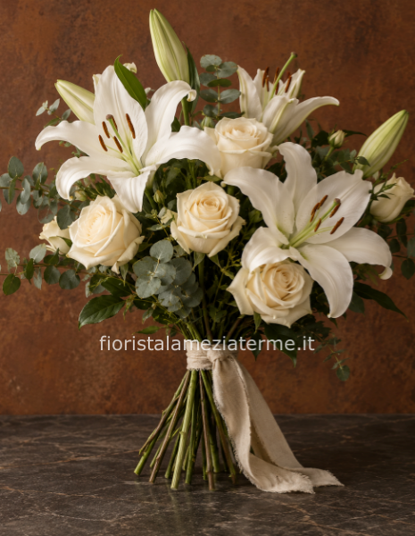 Mazzo di fiori di lilium e rose bianche o chiare